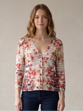 Nic+Zoe Linen Blend Multicolor V-Neck 3/4 Sleeve Cardigan‎